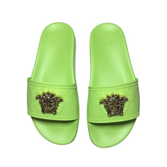 VERSACE NIB Palazzo Medusa Neon Green Rubber Pool Slides Sandals Size 39.5 NEW - Picture 3 of 7